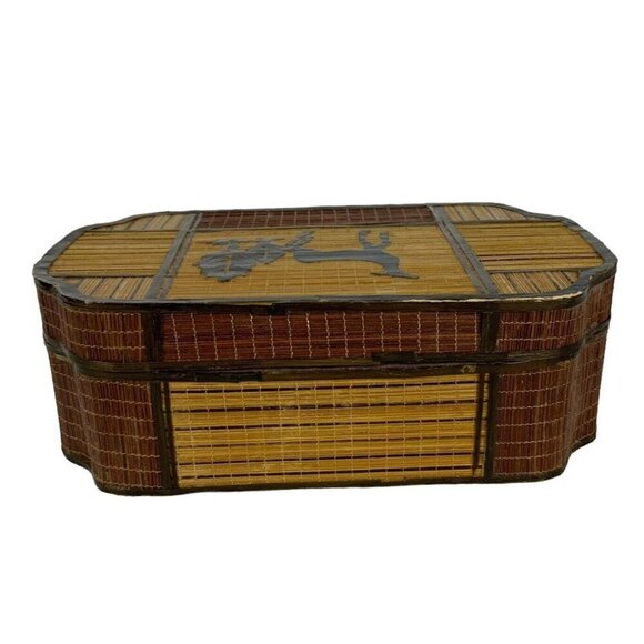 Bamboo Wooden Trinket Stash Box Deer Trees Silhouette Natural Boho Wood Vtg 70s - Picture 7 of 10